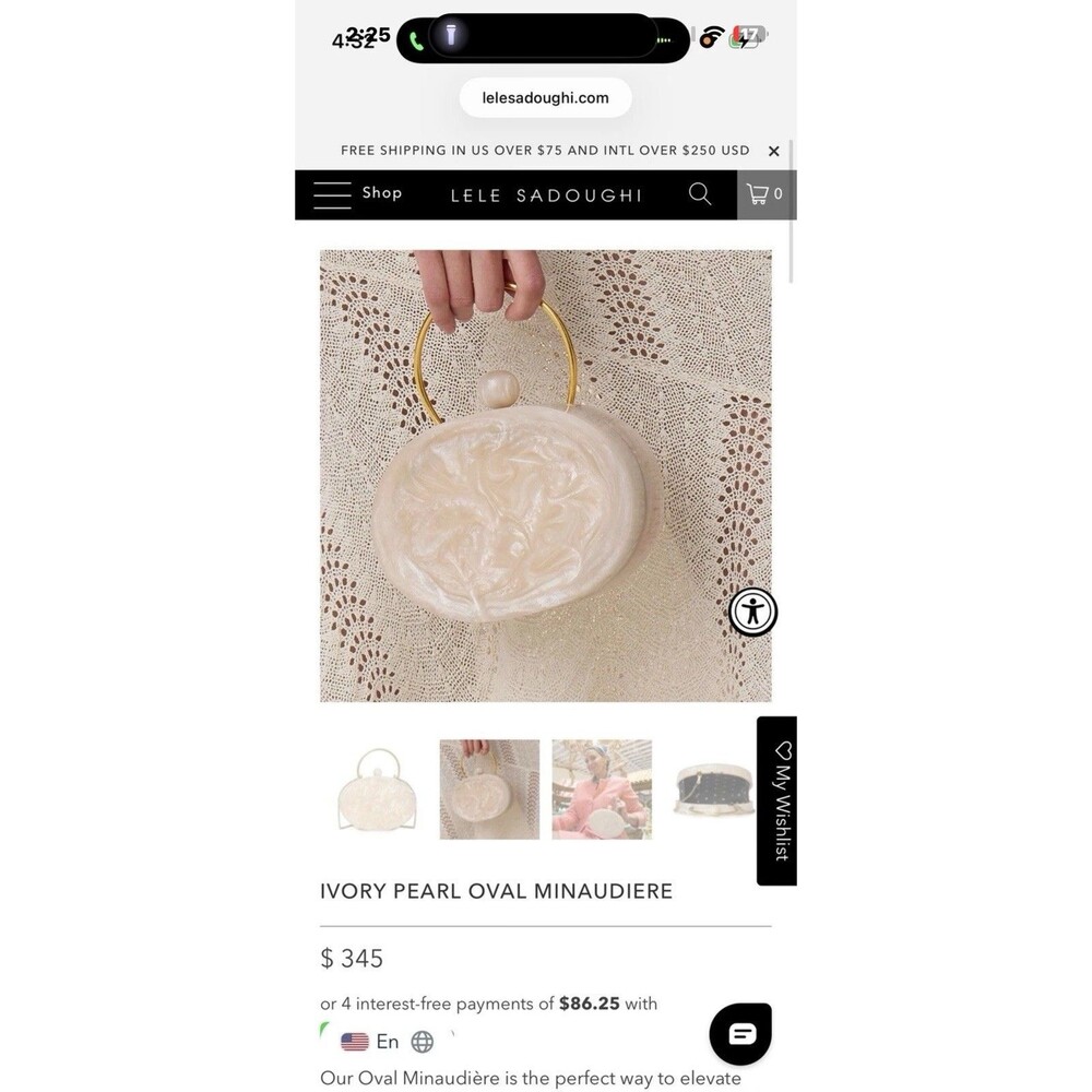 Lele Sadoughi Ivory Pear Oval Minaudiere Clutch Gold Ring Handle Strap